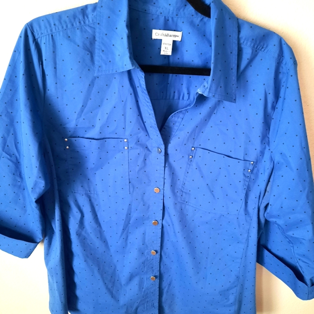 Croft Barrow XL Blue Polka Dot Blouse 3/4 Sleeve